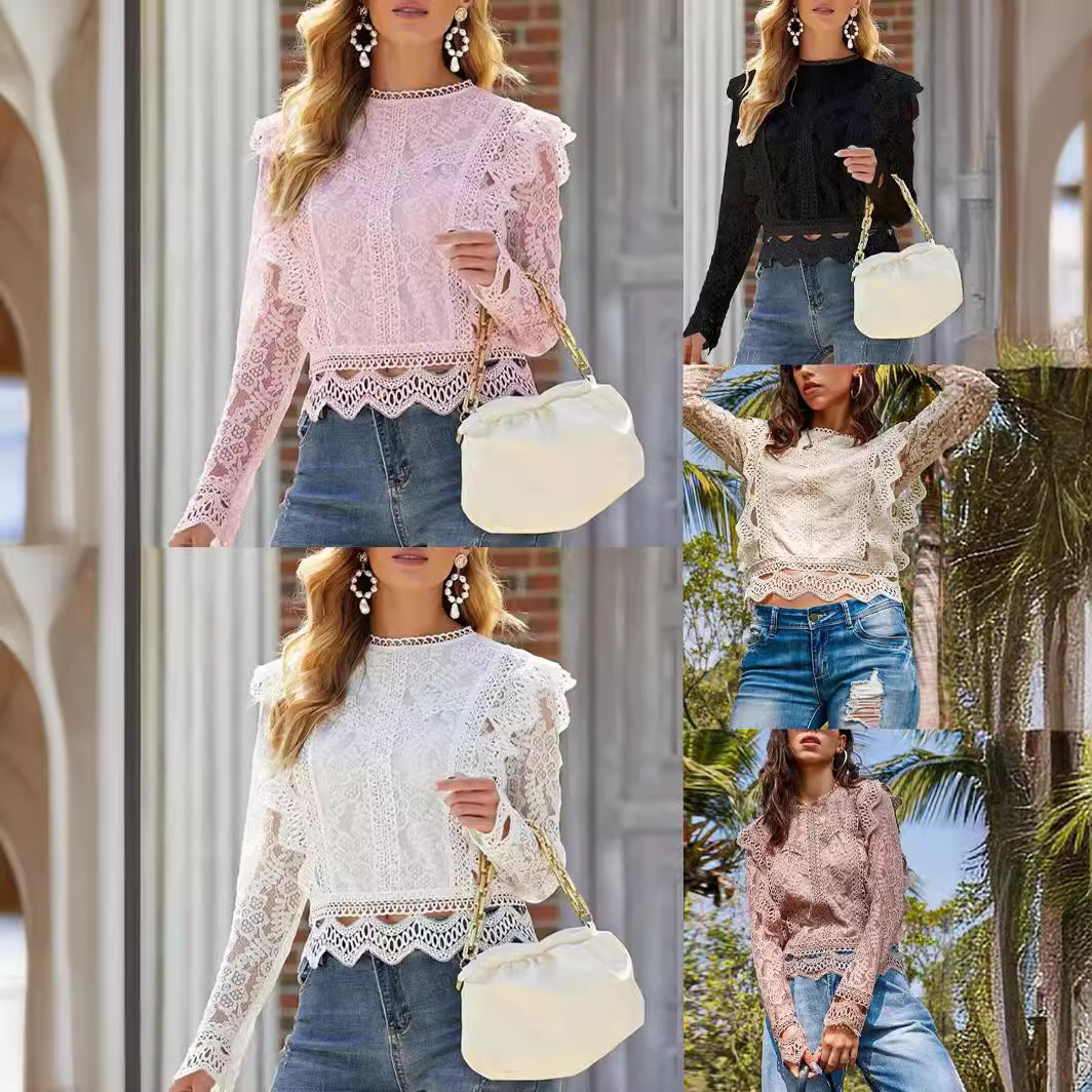 Women's Long Sleeve Blouse Sexy Hollowed Out Lace Top Solid Color Base American Style New Design Coat_ecoleips.com