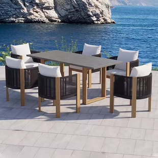Outdoor Teak Table and Chair Outdoor Garden Courtyard Casual Solid Wood Waterproof Sunscreen Nordic Rattan Chair Combination Home