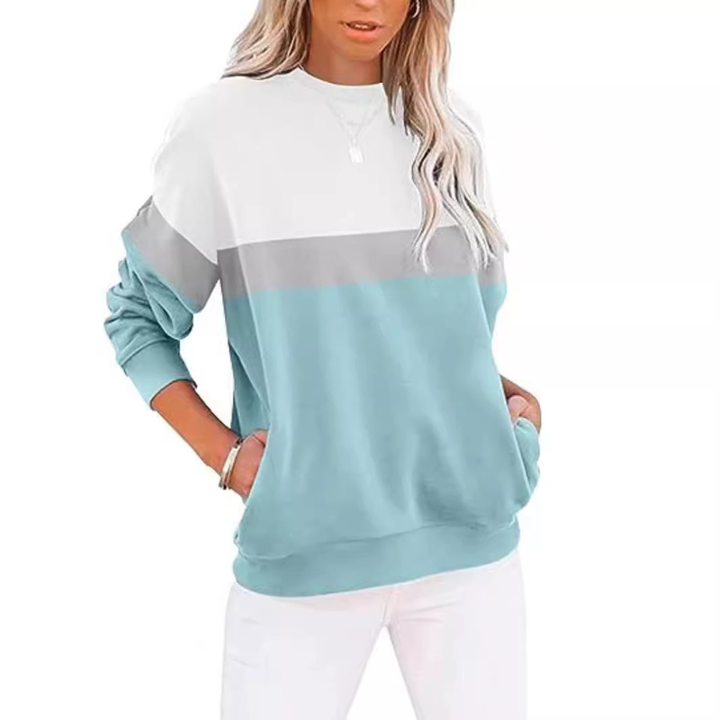 2023 European and American Cross-border Women's Casual Long-sleeved Colorblock Top Round Neck Stitching Long-sleeved Sweatshirt Sweatshirt Southeast Asia