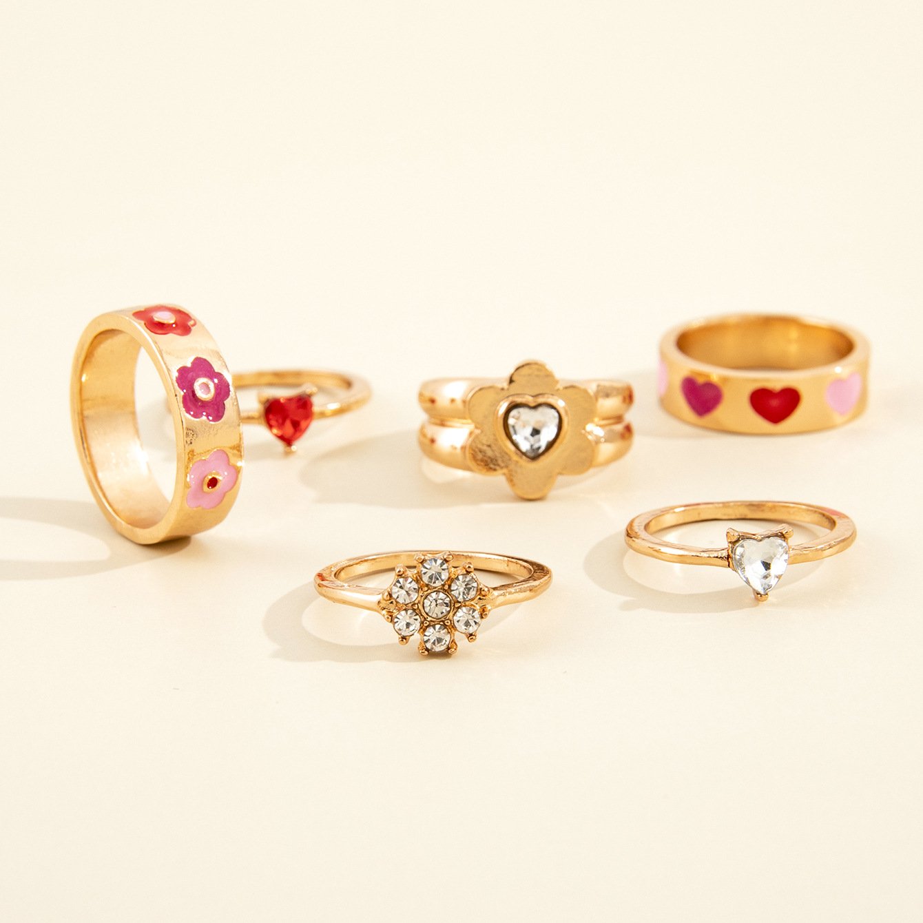 European And American Cross-border New Product Retro Color Love Flower Rhinestone Joint Ring Fashion Six-piece Set display picture 9