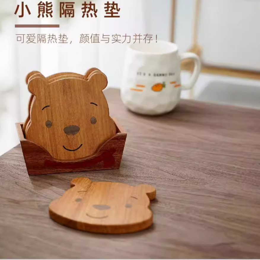 Caricatura oso adorable cojín de taza de café creativo de madera sólida hogar cojín de taza de agua platos cojín conjunto de cojín