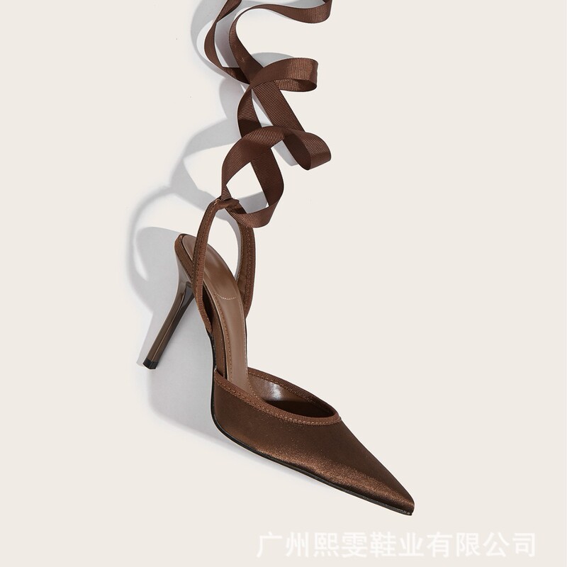 Za New Style Brown Elegant Light Luxury Mature Open-Toe Backless Lace-Up Fashion High-Heeled Sandals for Women