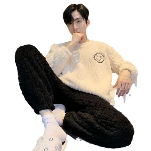 Thick coral velvet men's crew neck autumn and winter flannel youth student plus-size home suit set dropshipping