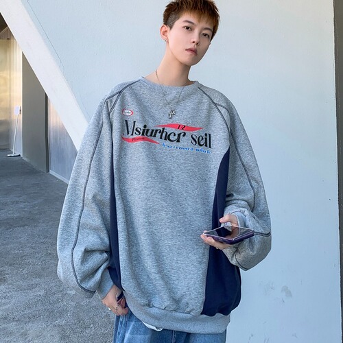 Autumn American niche couple top oversize loose retro print contrast color round collar sweater women's trend