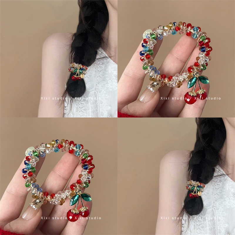 Korean Rhinestone Colorful Crystal Bracelet Dual-Purpose Hair Band Headband Bestie Hair Rope Cherry Rubber Band Ponytail Headdress for Women