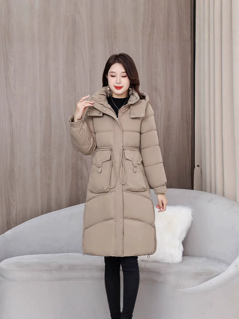 Fitted warm long brace, down jacket with hood, Korean style