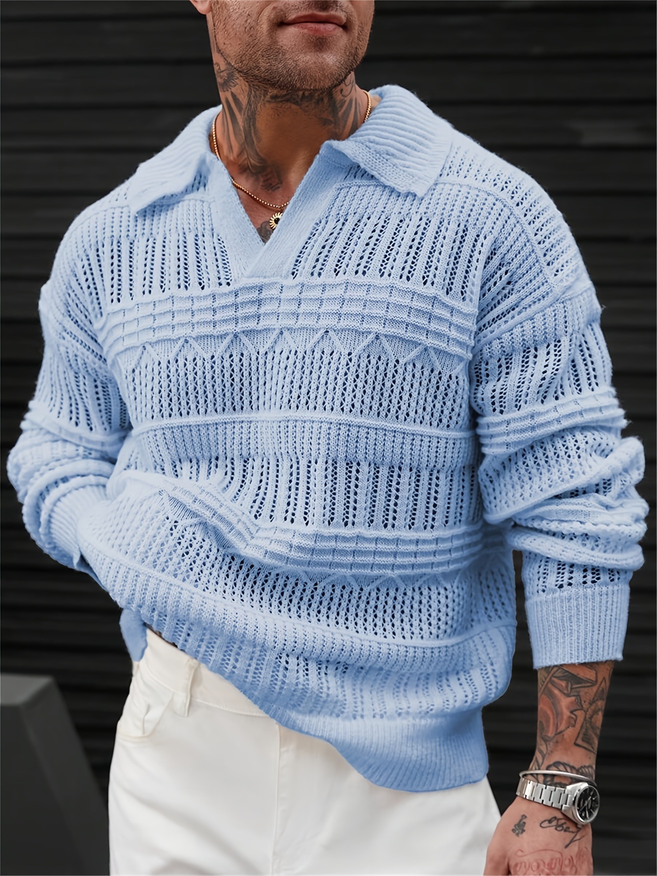 ​Men's Streetwear Hollow-Out Knit Shirt Fashion Loose Fit Short Sleeve Collared Pullover Polyester Breathable Summer Casual​_viptrois.com