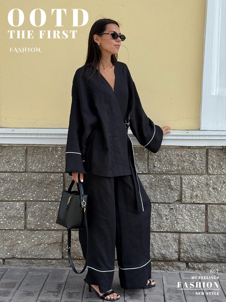 Bộ đầm hai món nữ áo cardigan cổ chữ V dài tay phối quần ống rộng — Màu be, Xanh lá cây, màu đen chi tiết 1