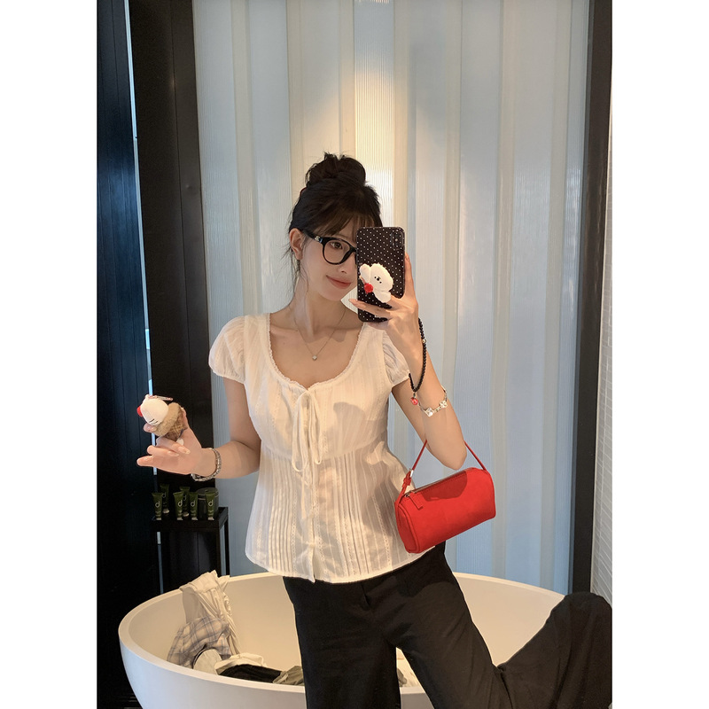 Baisiwang Embroidered White Lace-Up Short-Sleeved Shirt for Women Summer New Puff-Sleeved Textured Short Top