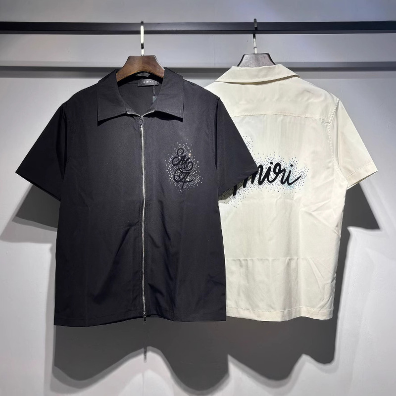 2025 Spring and Autumn New Amiri Hot Diamond Letter Nylon Double Zipper Short Sleeve Shirt for Men and Women Same Style One Piece Wholesale