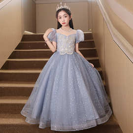 蓝色走秀礼服2026新款泡泡袖蓬蓬纱公主裙小女孩洋气模特演出礼服