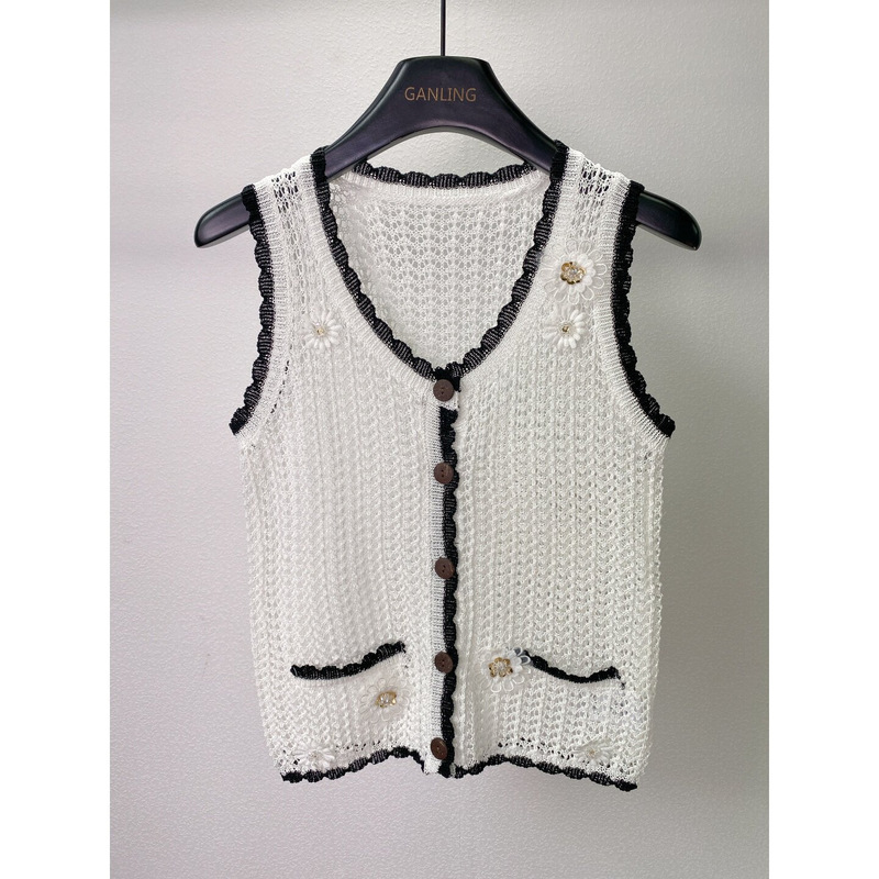 French Boho Style! Daisy Flower Sequin Embellished Hollow-Out Knit Vest with Contrasting Edges, Layered Vest Top