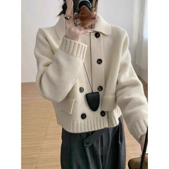 韩系气质减龄双排扣设计感长袖羊绒毛衣外套软糯舒适翻领针织上衣