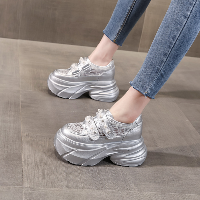 Giày sneaker nữ đế dày chunky, mặt lưới thoáng khí, gắn đá, dán Velcro — Màu trắng
