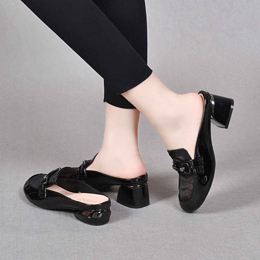 Dép sandal nữ mũi lưới da thật gót thấp 4.5 cm phong cách Anh — Đen--4.5CM chi tiết 4