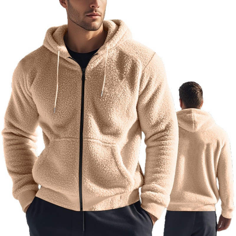 Europa y Estados Unidos trajes de hombre transfronterizos otoño y invierno engrosados cálidos chaqueta de vello de doble cara con cremallera suelta cardigan casual con sombrero