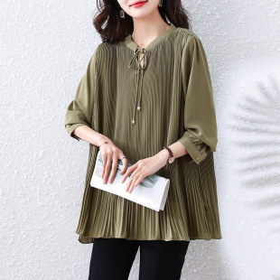 2025 Spring and Summer plus size Women's Shirt Fashion chubby girl Temperament Solid Color Elegant Wind Pleated Base Shirt Top