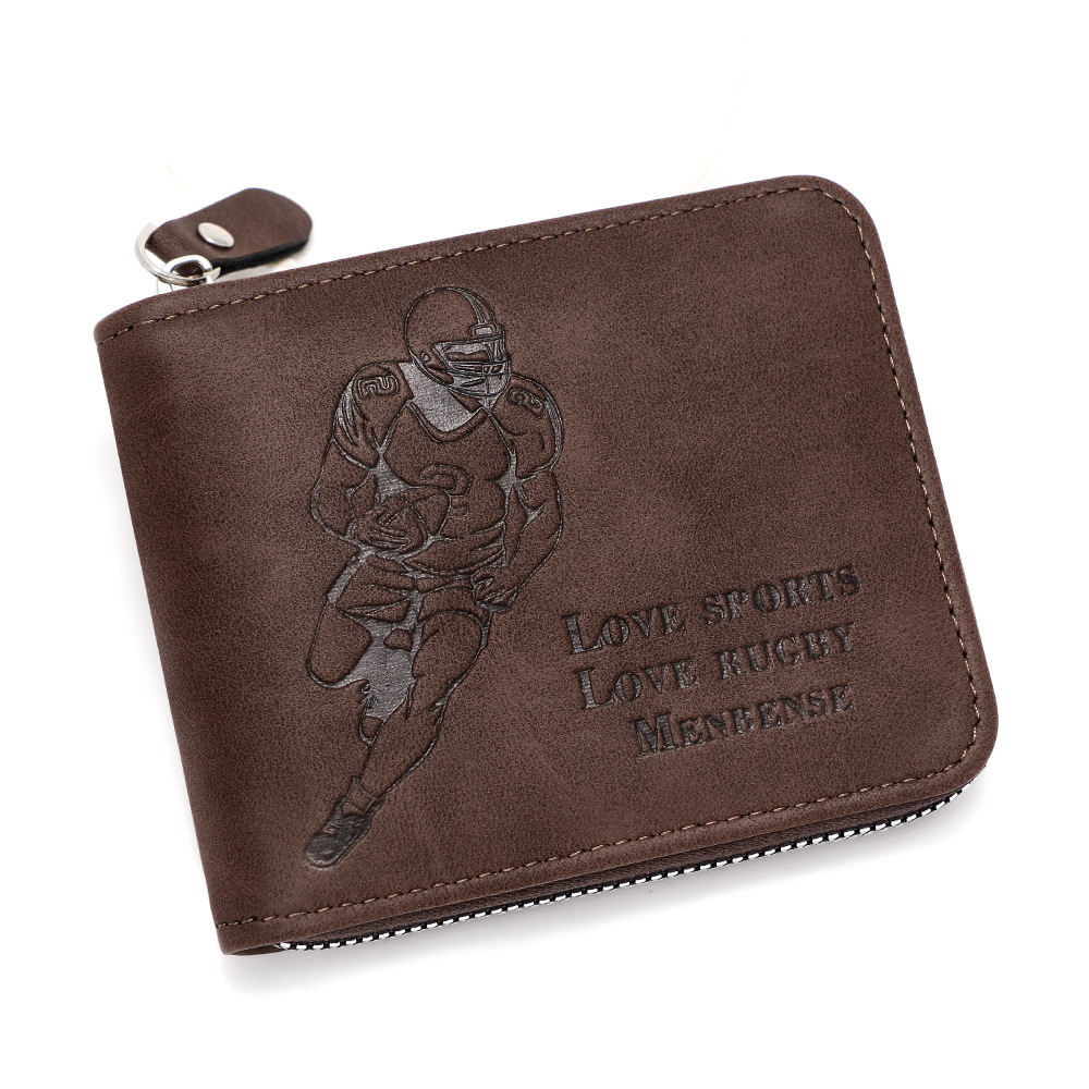 Cartera de hombre retro transfronteriza tres plegables estampado jugador de rugby multi-tarjeta billetera brazalete
