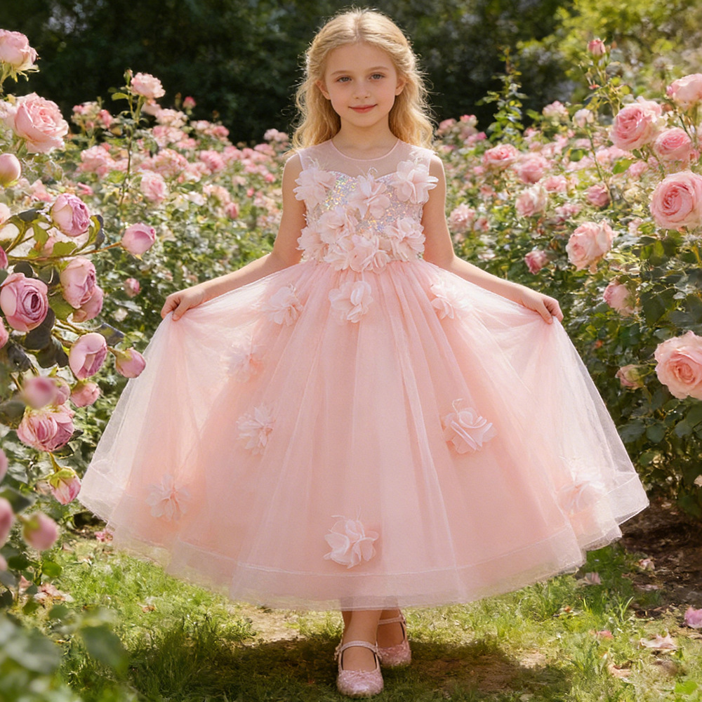 Vestido infantil vestido floral tridimensional vestido de princesa vestido de fiesta de cumpleaños vestido de niña floral vestido de niña