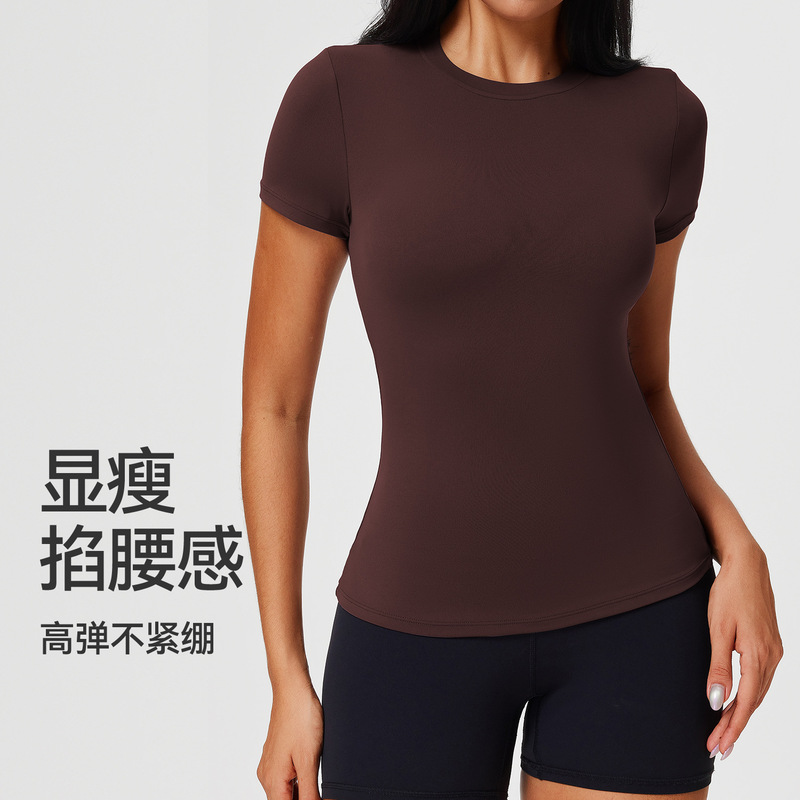 European and American Summer Nude-Feel Yoga Wear Short-Sleeved High-Elastic Tight-Fitting Sports Running Fitness Tops Casual Pure Color T-Shirts for Women