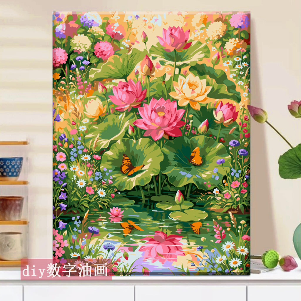 鎏金荷花夏季爆款diy数字油画手绘填色丙烯客厅装饰画厂家现货