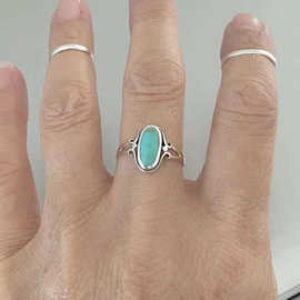 欧美跨境饰品 复古松石金箍花纹戒指女 时尚几何椭圆绿色宝石指环