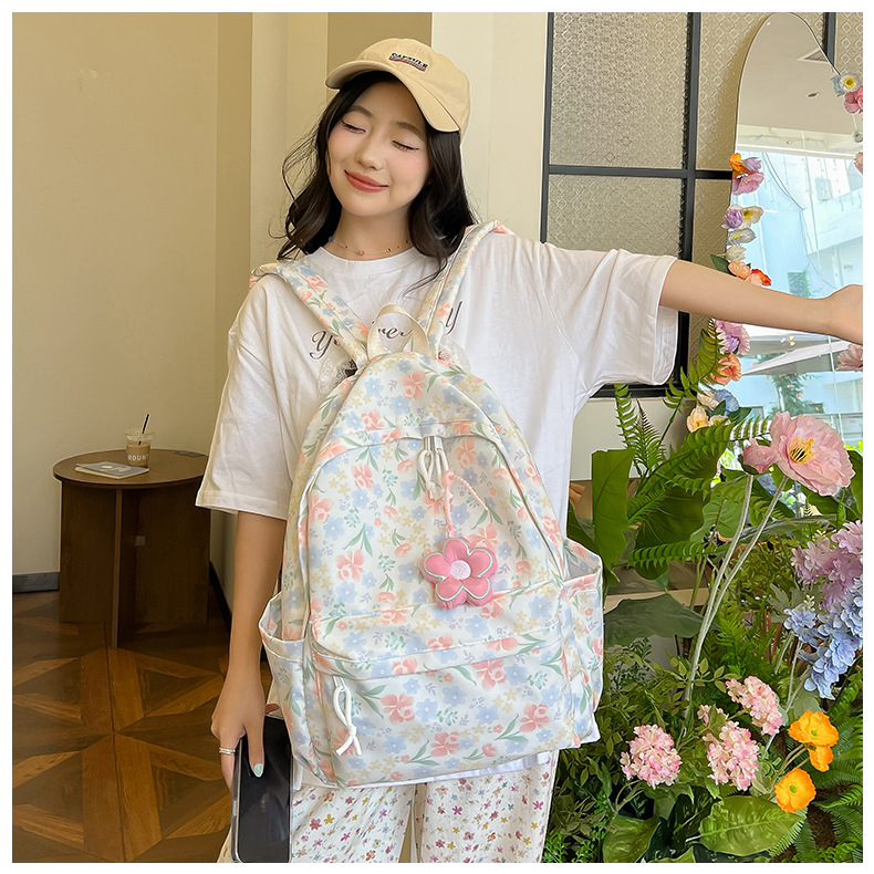 738g Weight Polyester Lining Material Sewing Thread Fashion Element Zipper Closure Type Double Shoulder Straps Strap Type Casual, School, Daily Occasion Nylon Material Waterproof Function Back To School Festival School Backpack Backpack Flower, Strawberry Pattern All Seasons Season Women's Gender Classic Style Style Square Shape Waterproof Flower Strawberry Casual School Daily School Backpack 17