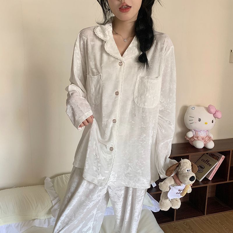 金丝绒睡衣女款秋冬季韩系甜美ins开衫长袖套装宽松可外穿家居服|undefined