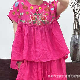 2026夏季新款苎麻刺绣T恤衫女文艺纯色圆领百搭宽松套头衬衣小衫