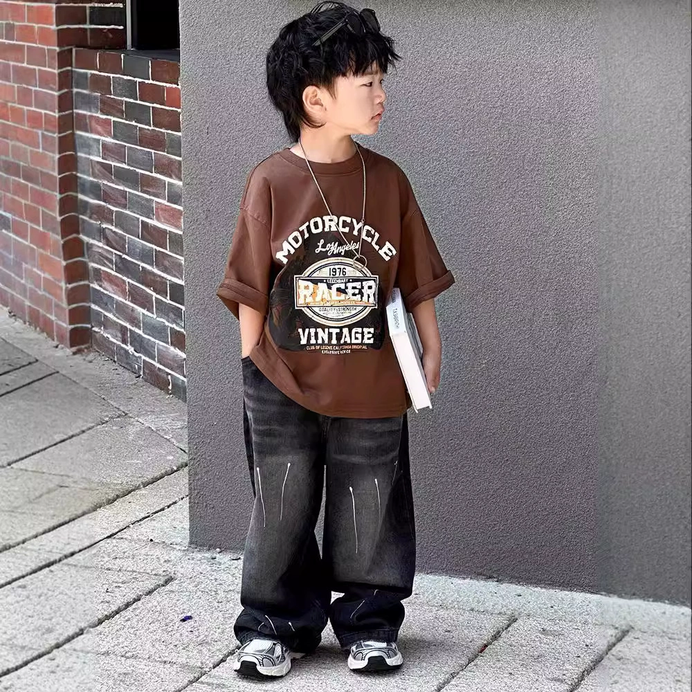 Autumn children's jeans for boys, casual trousers, Korean style, loose straight fit