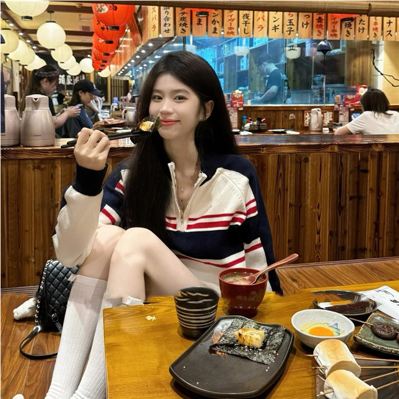 美式设计感半拉链百搭长袖女2025秋季复古运动宽松撞色条纹针织衫|undefined