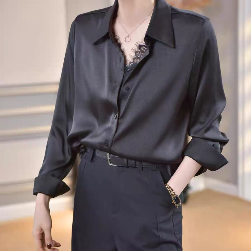 Black and white variation 25 spring new all-match solid color fake two lace long sleeve shirt shirt women's clothing