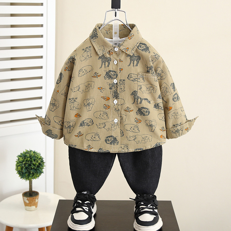 5837 Camisa de dibujos animados para niños Primavera y otoño para niños Camisa coreana de manga larga de estilo occidental 2025 nueva chaqueta para niños