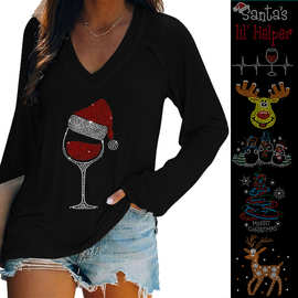 2022圣诞节新款外贸亚马逊欧美女装亮闪烫钻长袖V领拼接大码上衣