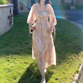 跨境法式印花连衣裙女2025春秋新款温柔气质显瘦绝美仙女长裙