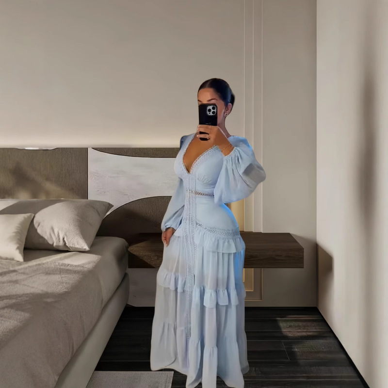 Fresh fashion V-neck skirt ruffled dress 2024 autumn new split large long sleeve chiffon dress