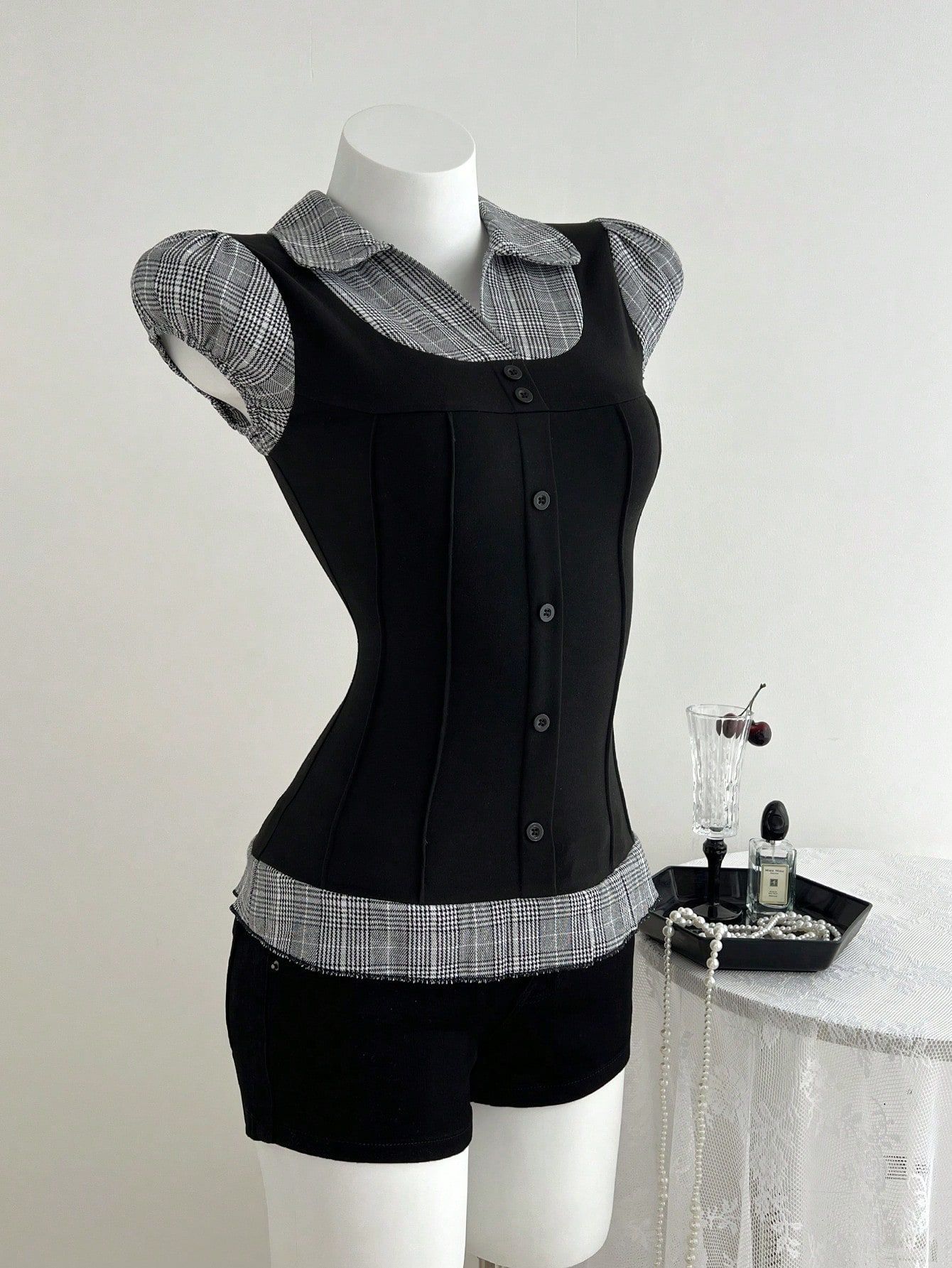 Women's Waist-Defining Plaid Contrast False Two-Layer T-Shirt - Slim Fit Casual Top With Color Block Design_ecoleips.com