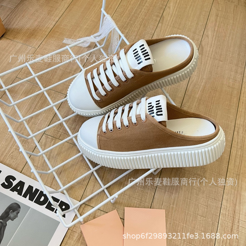 高品质~miu家新款厚底饼干帆布板鞋懒人一脚蹬休闲后空半拖小白鞋|undefined