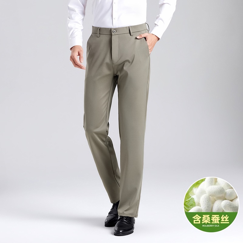 Young and Middle-Aged Men's Ice Silk Trousers, Summer Style, Straight Slim Fit Business Pants, High-End Dad-Style Fashion Casual Pants