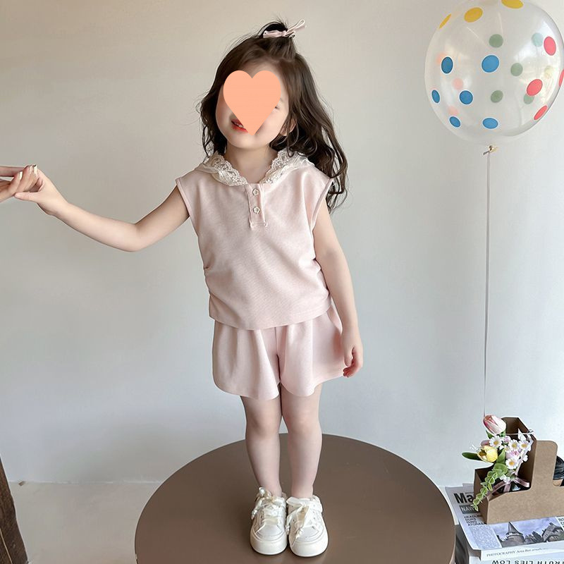 女の子の夏のノースリーブスーツ 2025 新しい子供のフード付きベストショーツツーピースベビー夏服|undefined