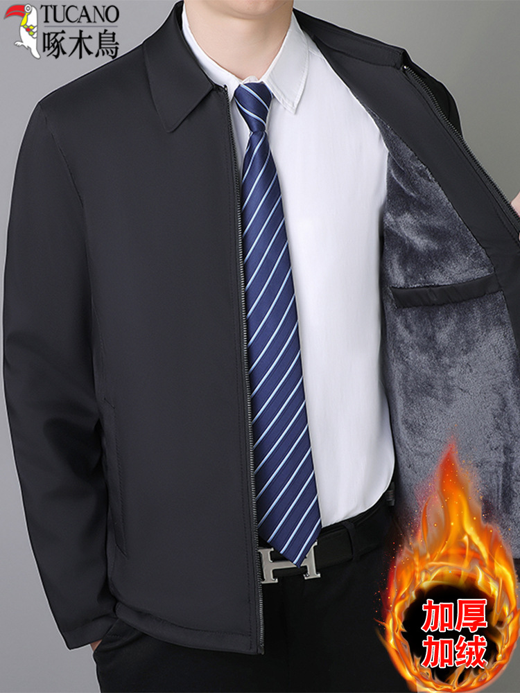 Woodpecker Autumn and Winter Dad Jacket with Fleece Lining, Thickened Casual Turn-Down Collar Executive Style Men's Coat for Middle-Aged and Elderly