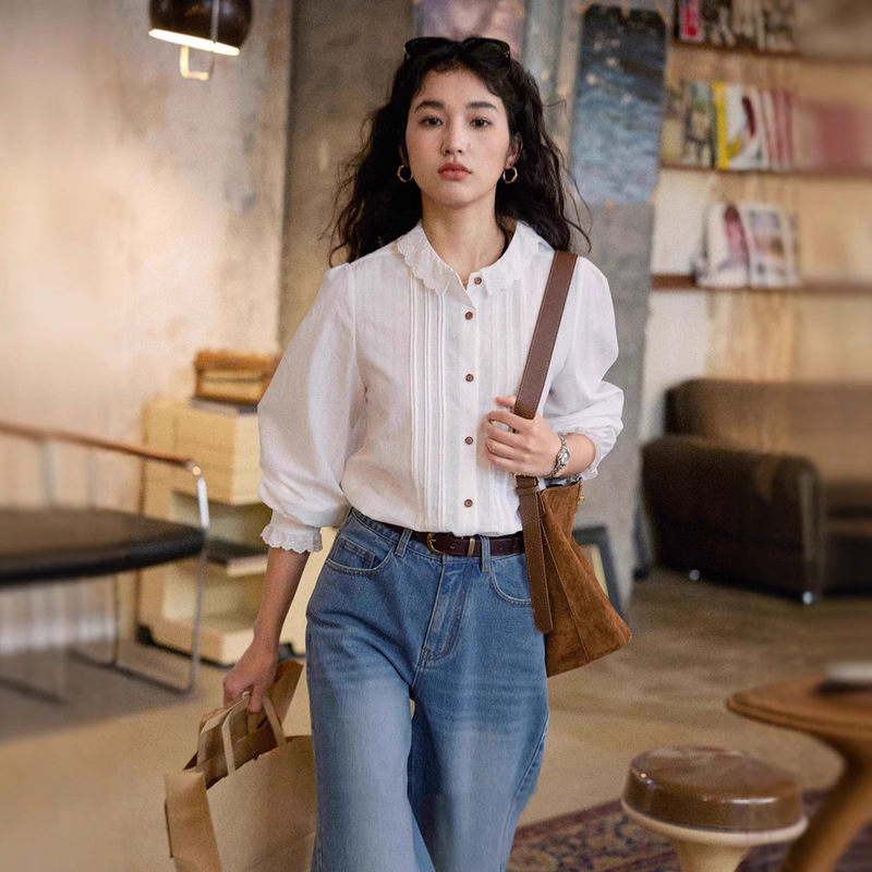 solighter French Retro White Llace Collar Long Sleeve Shirt for Autumn and Winter