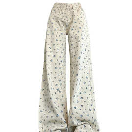 美式复古碎花阔腿牛仔裤女夏季薄款高腰宽松垂感直筒裤