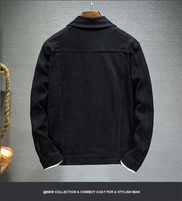 Giacca in denim slim fit versione coreana, elasticizzata in cotone, tinta unita, autunno 2024, da uomo_voghion.com