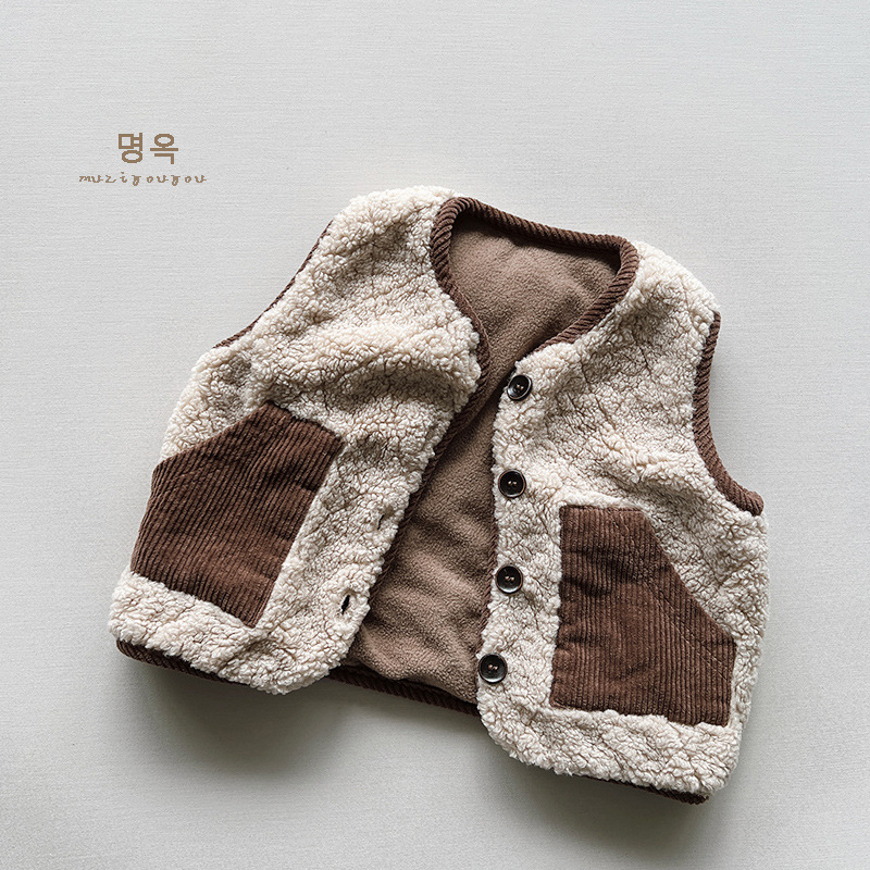 Chaleco de felpa a juego para niños invierno nuevo top para niños y niñas chaleco cálido personalizado de color de contraste de estilo japonés y coreano