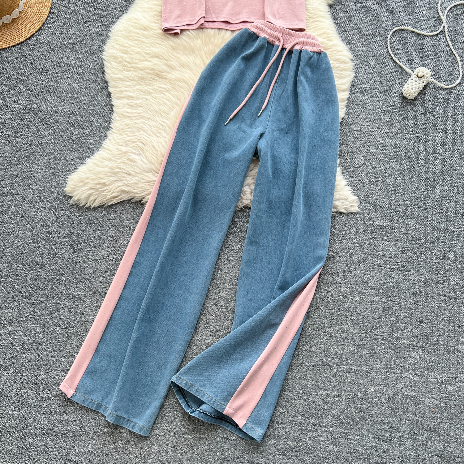 Dambyxset denim hög midja byxor med vida ben och överdel_voghion.com