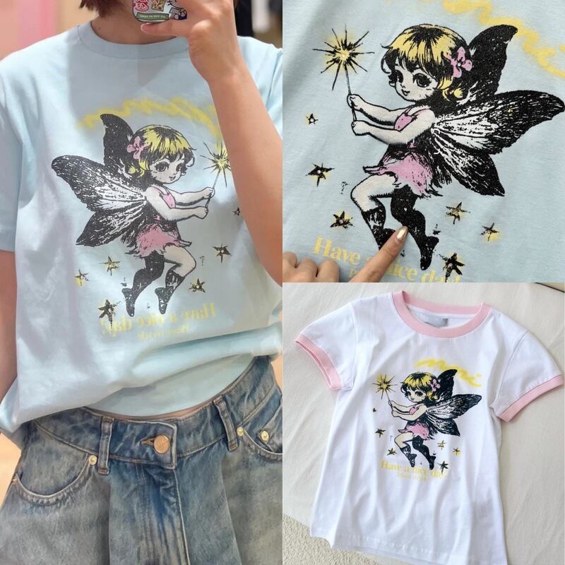 Scandinavian Women's Summer Style Pure Cotton Cute Elf Glitter Print Casual Round Neck Loose Short-Sleeved T-Shirt Scandinavian Women's Summer Style Pure Cotton Cute Elf Glitter Print Casual Round Neck Loose Short-Sleeved T-Shirt