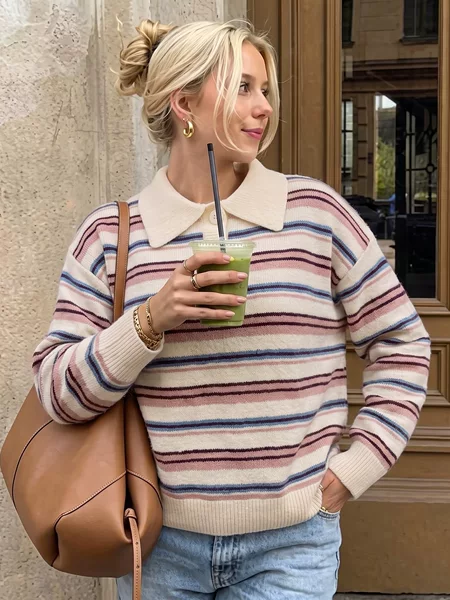 2026 Winter New Pullover Sweater Striped Polo Collar Knit Sweater European and American Best-Selling Casual Lazy Sweater