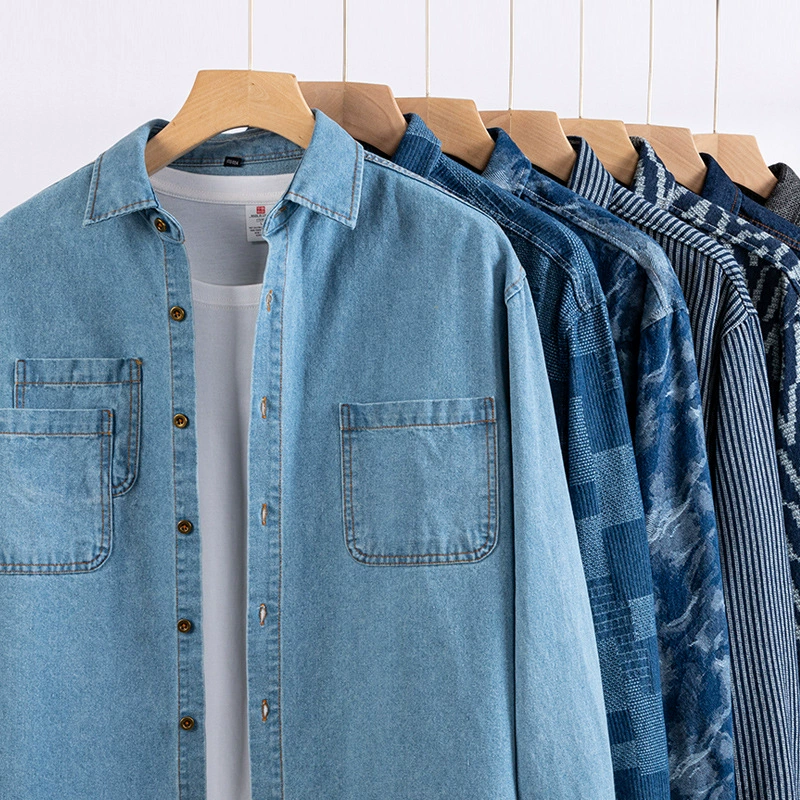 Новый 2025 весенний вымытый синий джинсовый пиджак мужской свободный жаккардовый ретро дикий отворот рубашка куртка