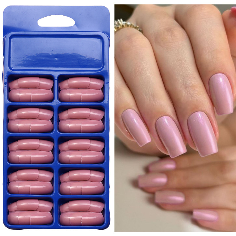 120 piezas de uñas falsas de color sólido desnudas cuadradas cortas desmontables de uñas en una caja azul